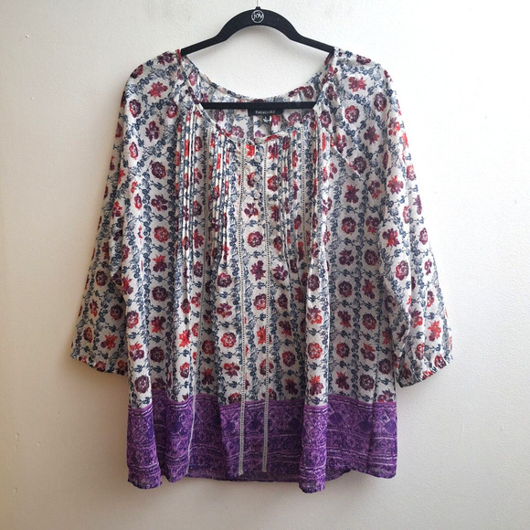 Relativity Womens Floral Blouse Large Purple Red 3/4 Puff Sleeves Sheer Top - Picture 1 of 5